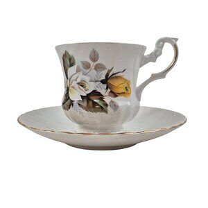 Royal Dover Bone China Cup Saucer Yellow Rose England Gold Trim Vintage